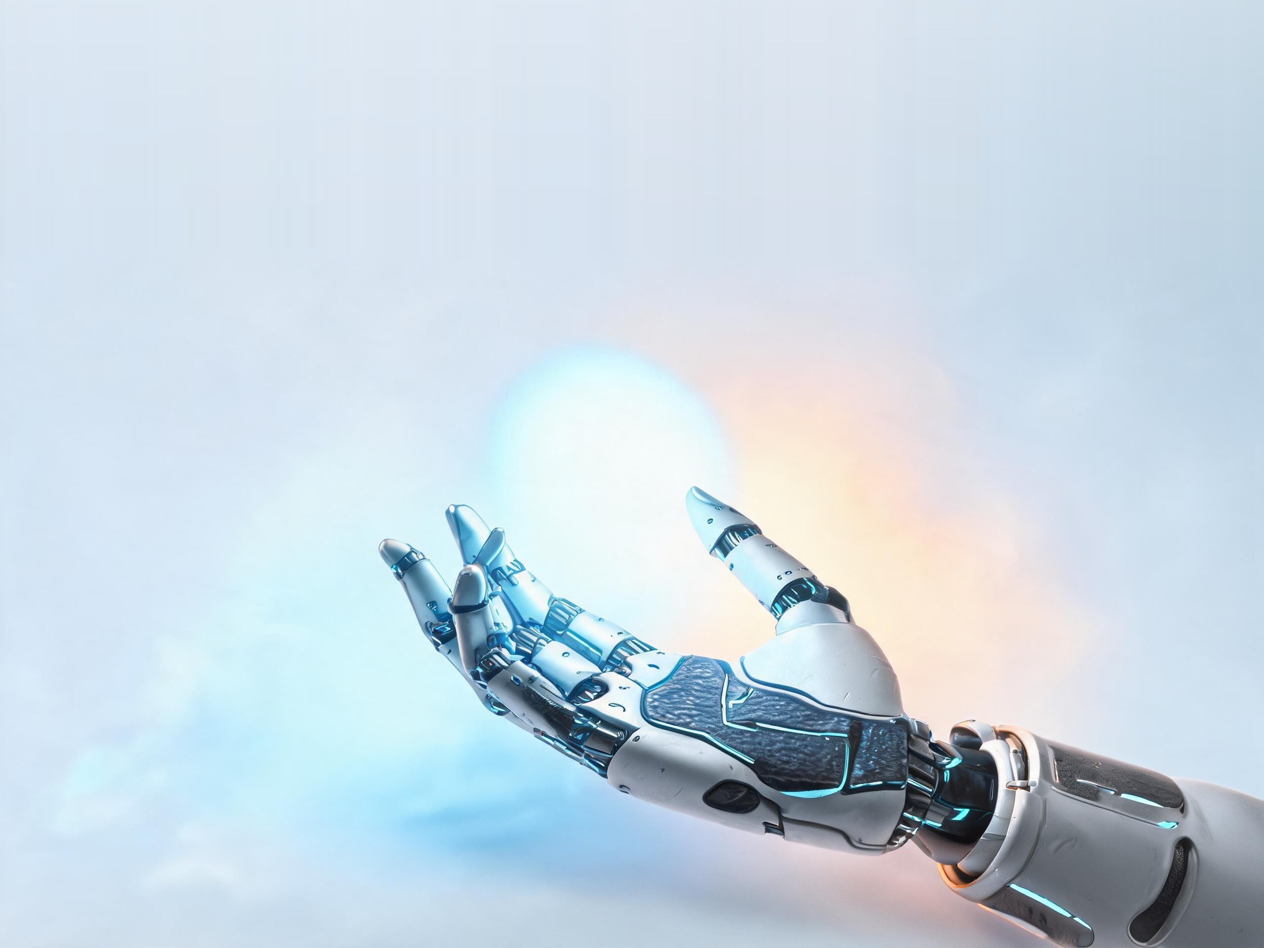 Robotic hand cradling a glowing AI sphere